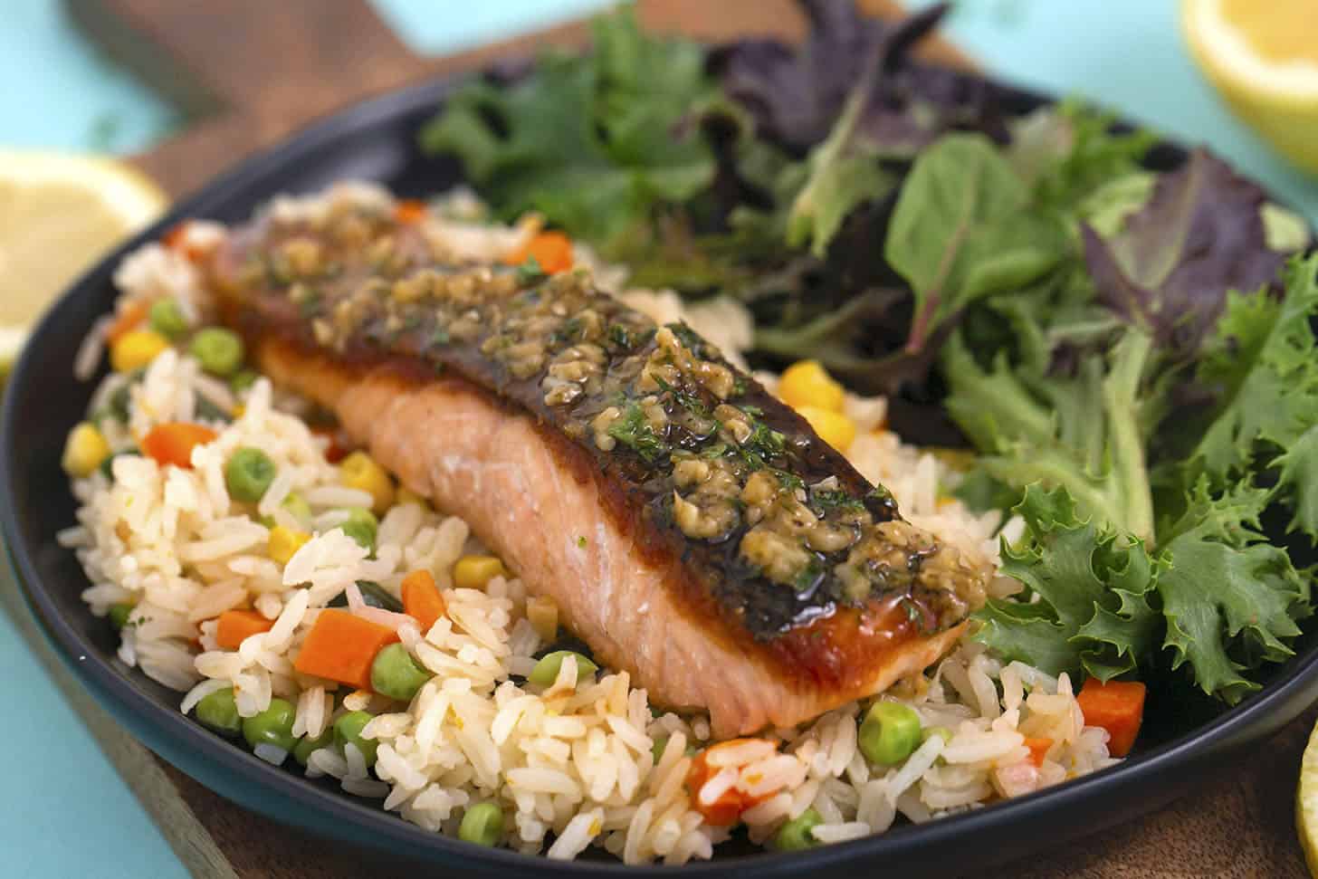 Lemon Butter Salmon with Rice Pilaf - Mind Over Munch
