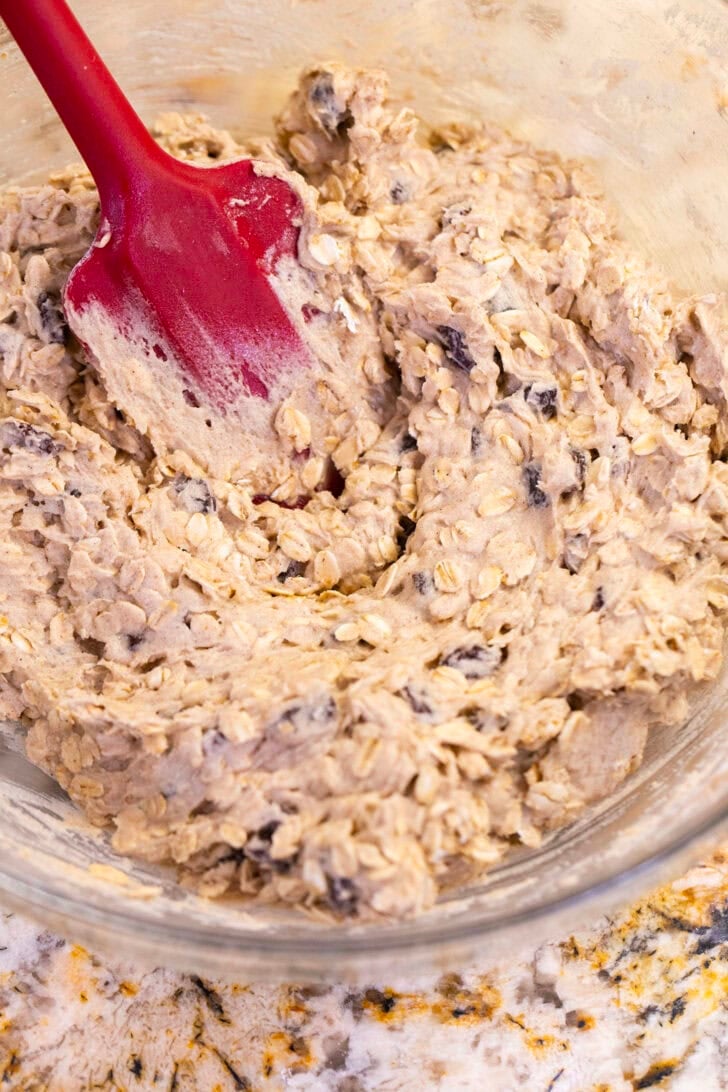 Folding oats and raisins into eggless oatmeal raisin cookie dough with a red spatula.